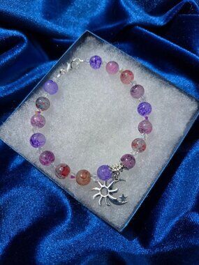 Beautiful Celestrial Glass Beaded Bracelet W/Crystal Beads
